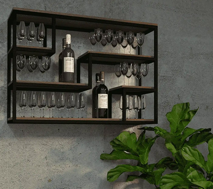 картинка Настенный Стеллаж W+M (дерево + металл) 001 для бокалов и бутылок (1 х 0,7 х 0,4) от магазина Полка Вин+