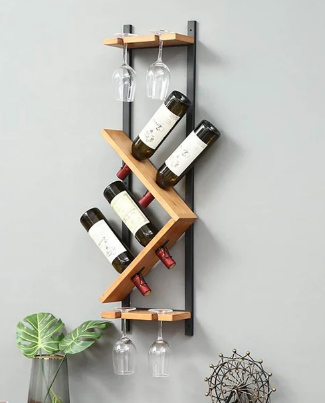 картинка Настенная деревянная полка для бутылок и бокалов, покраска 2 цвета: чёрный + дуб, материал: сосна от магазина Полка Вин+