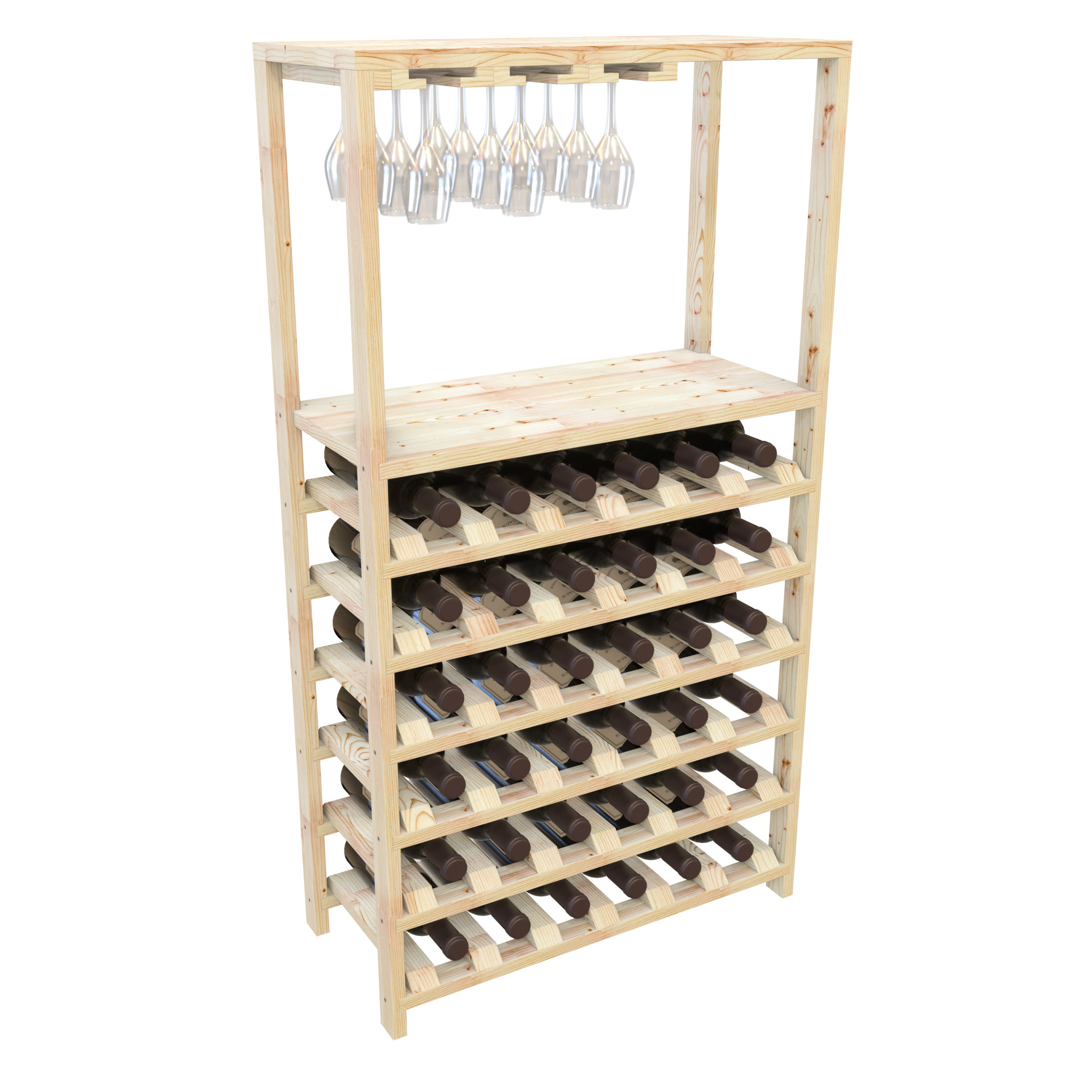 картинка Широкая Полка для хранения 36 бутылок, 2 столешницы, держатель для бокалов (66смх120смх30см) от магазина Полка Вин+